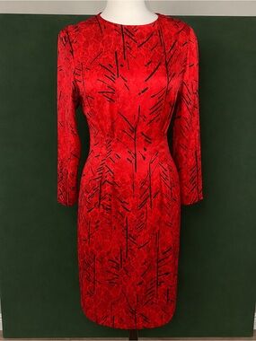 Red Patterned Long-Sleeve Sheath Dress
